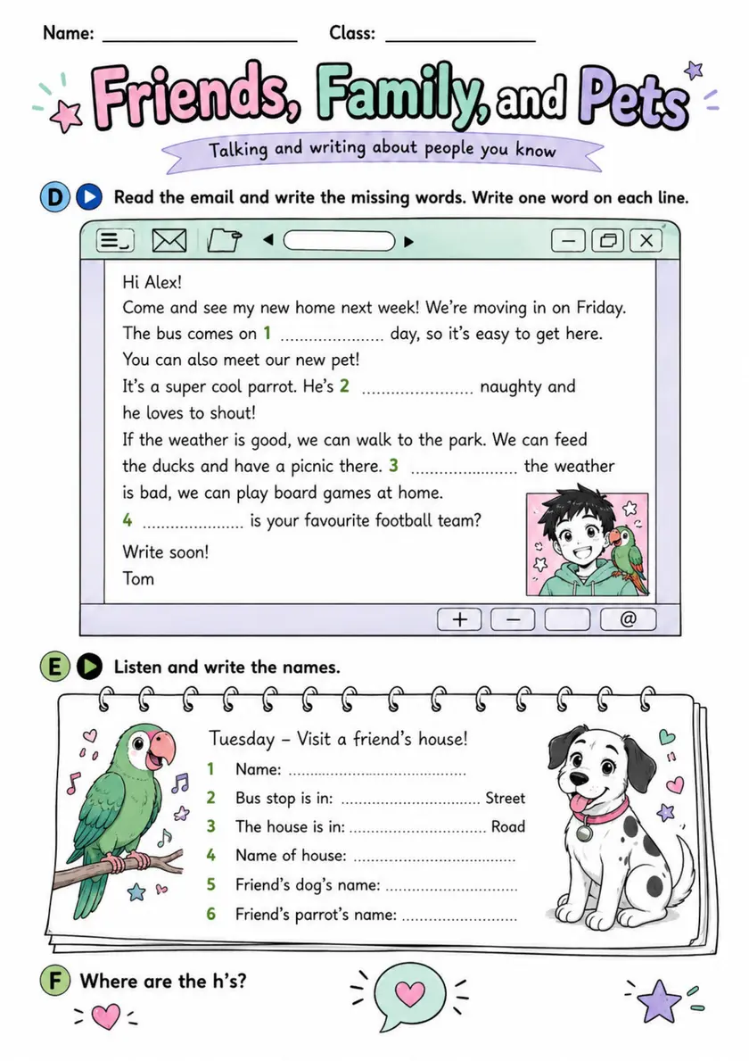 Cambridge Flyers - Friends, Family, and Pets - Practice 2 | Free Worksheet primary printable PDF preview