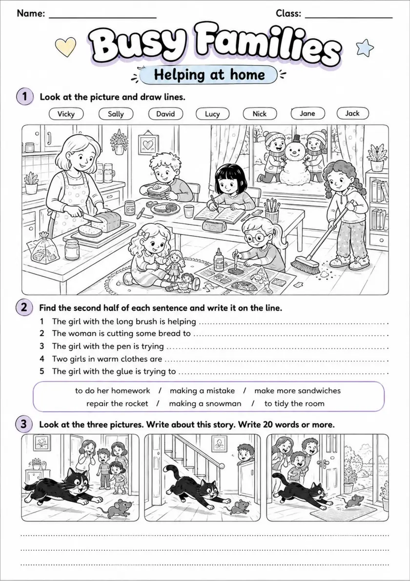 Cambridge Flyers - Busy Families | Free Worksheet primary printable PDF preview