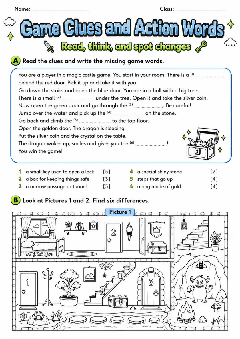 Cambridge Flyers - Game Clues and Action Words | Free Worksheet primary printable PDF preview