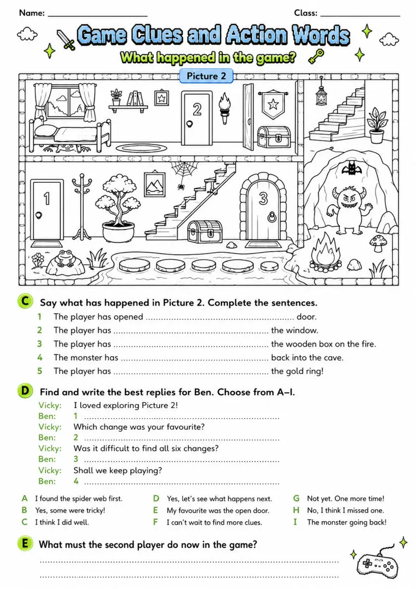 Cambridge Flyers - Game Clues and Action Words - Practice 2 | Free Worksheet primary printable PDF preview