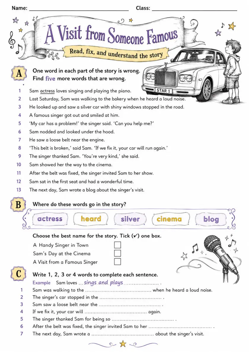 Cambridge Flyers - A Visit from Someone Famous | Free Worksheet primary printable PDF preview