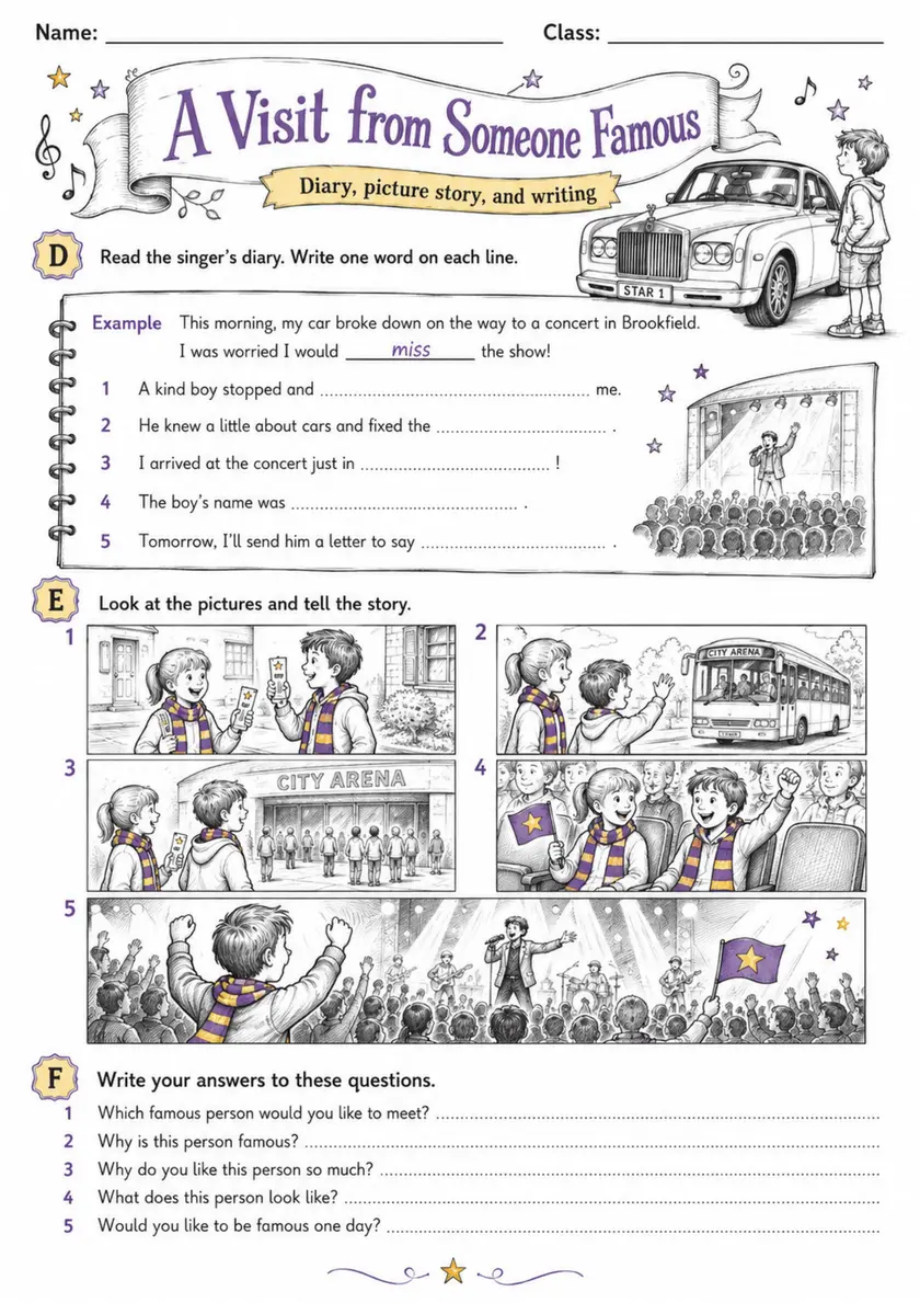 Cambridge Flyers - A Visit from Someone Famous - Practice 2 | Free Worksheet primary printable PDF preview