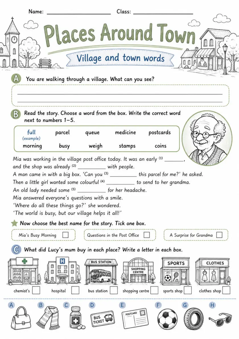Cambridge Flyers - Places Around Town | Free Worksheet primary printable PDF preview