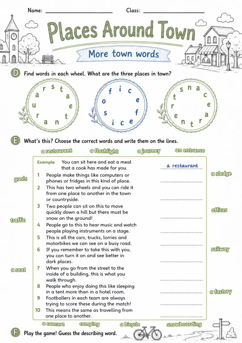 Cambridge Flyers - Places Around Town - Practice 2 | Free Worksheet primary printable PDF preview