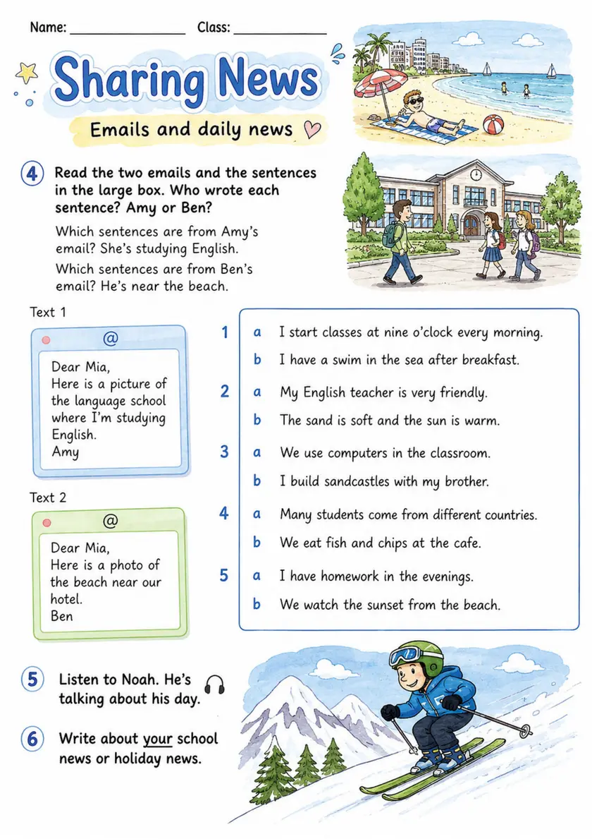 Cambridge Flyers - Sharing News - Practice 2 | Free Worksheet primary printable PDF preview