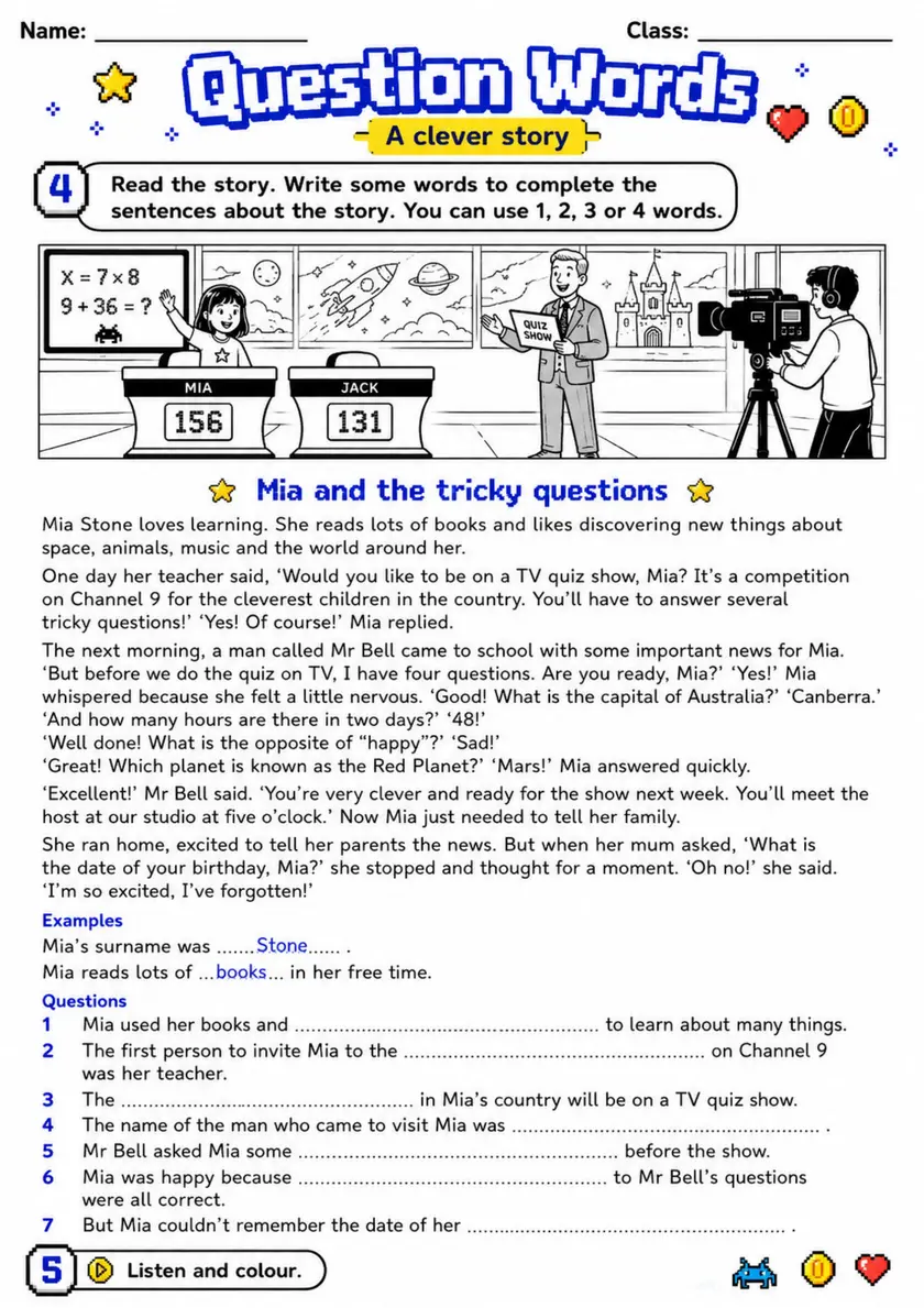 Cambridge Flyers - Question Words - Practice 3 | Free Worksheet primary printable PDF preview