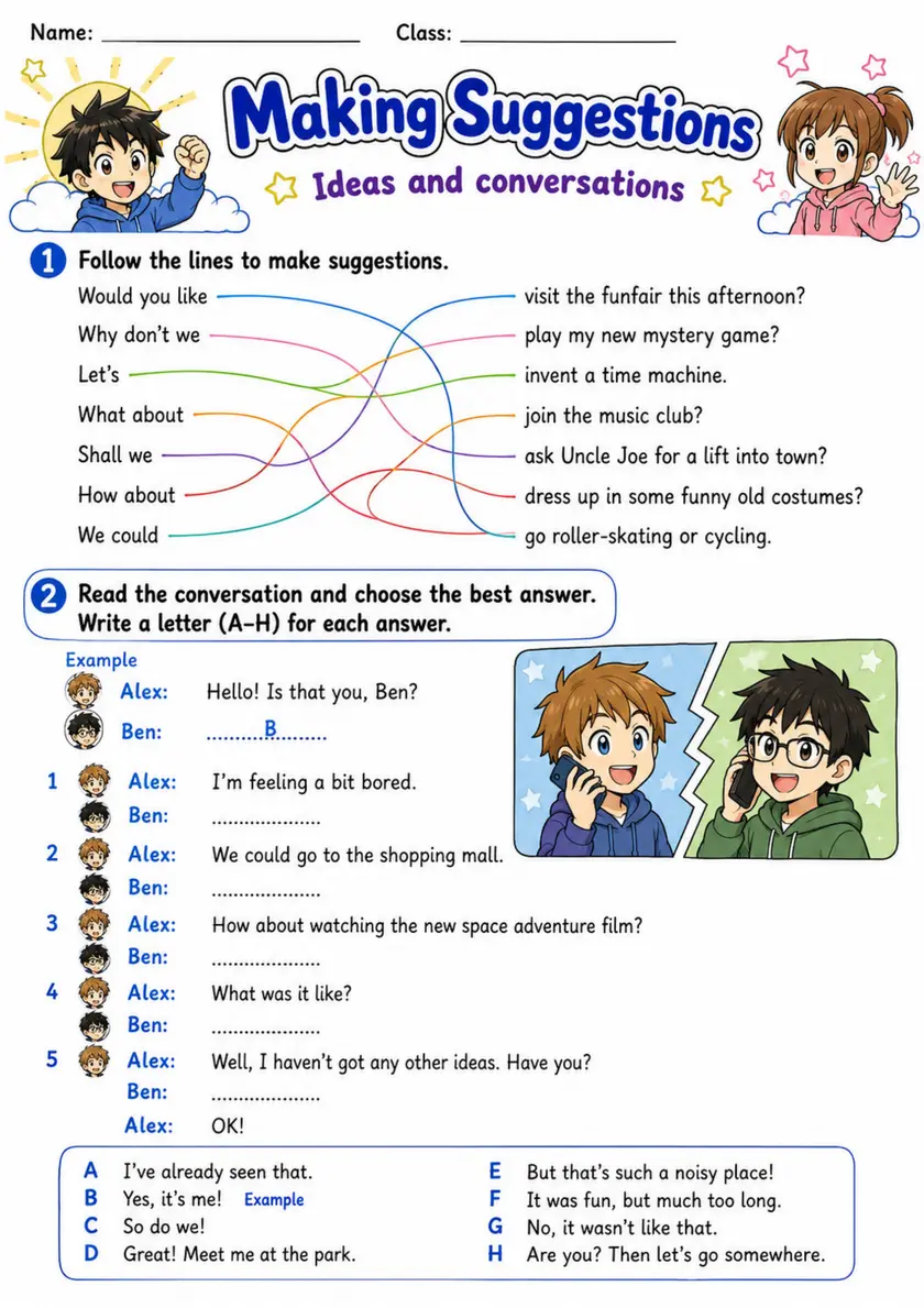 Cambridge Flyers - Making Suggestions | Free Worksheet primary printable PDF preview
