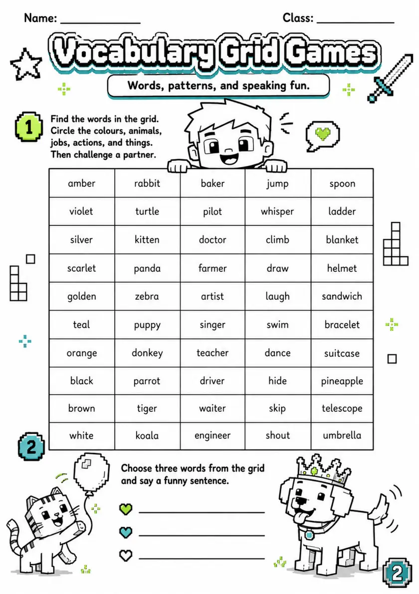 Cambridge Flyers - Vocabulary Grid Games | Free Worksheet primary printable PDF preview
