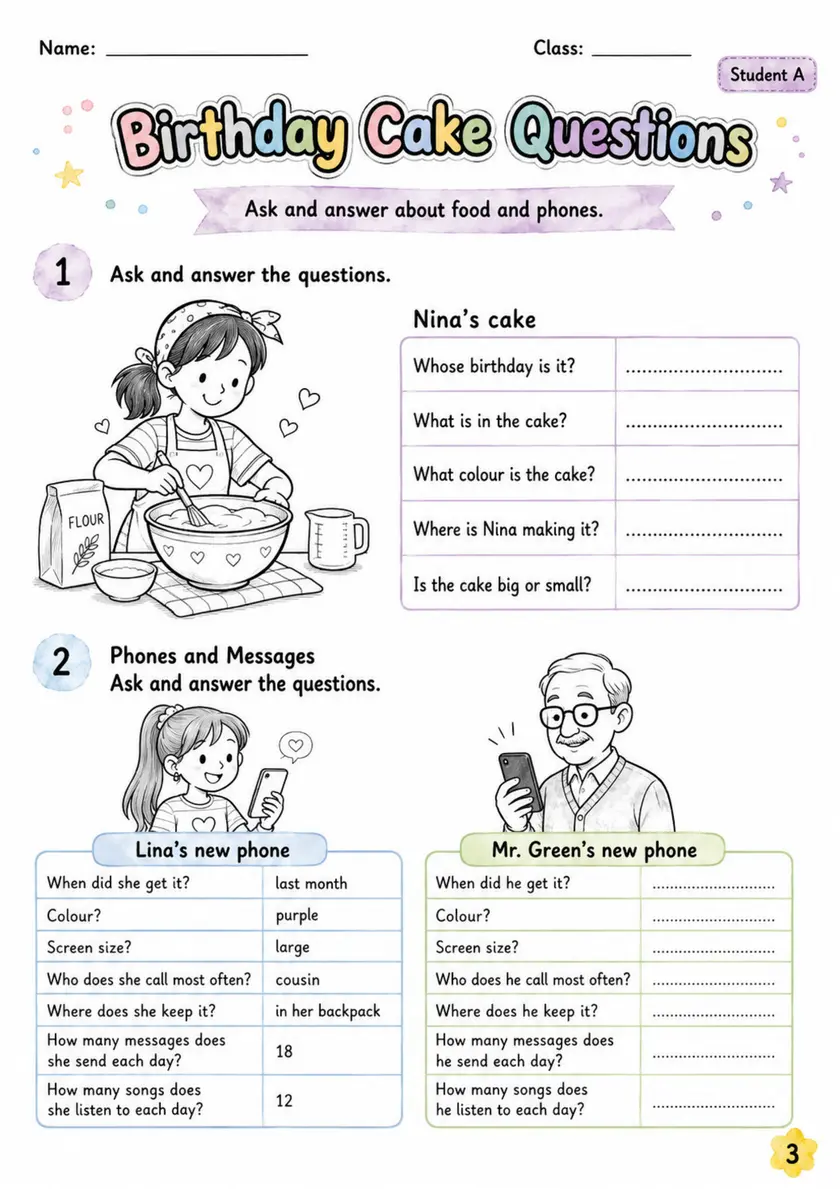 Cambridge Flyers - Birthday Cake Questions | Free Worksheet primary printable PDF preview