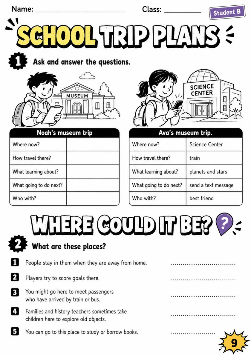 Cambridge Flyers - SCHOOL TRIP PLANS - Practice 2 | Free Worksheet primary printable PDF preview
