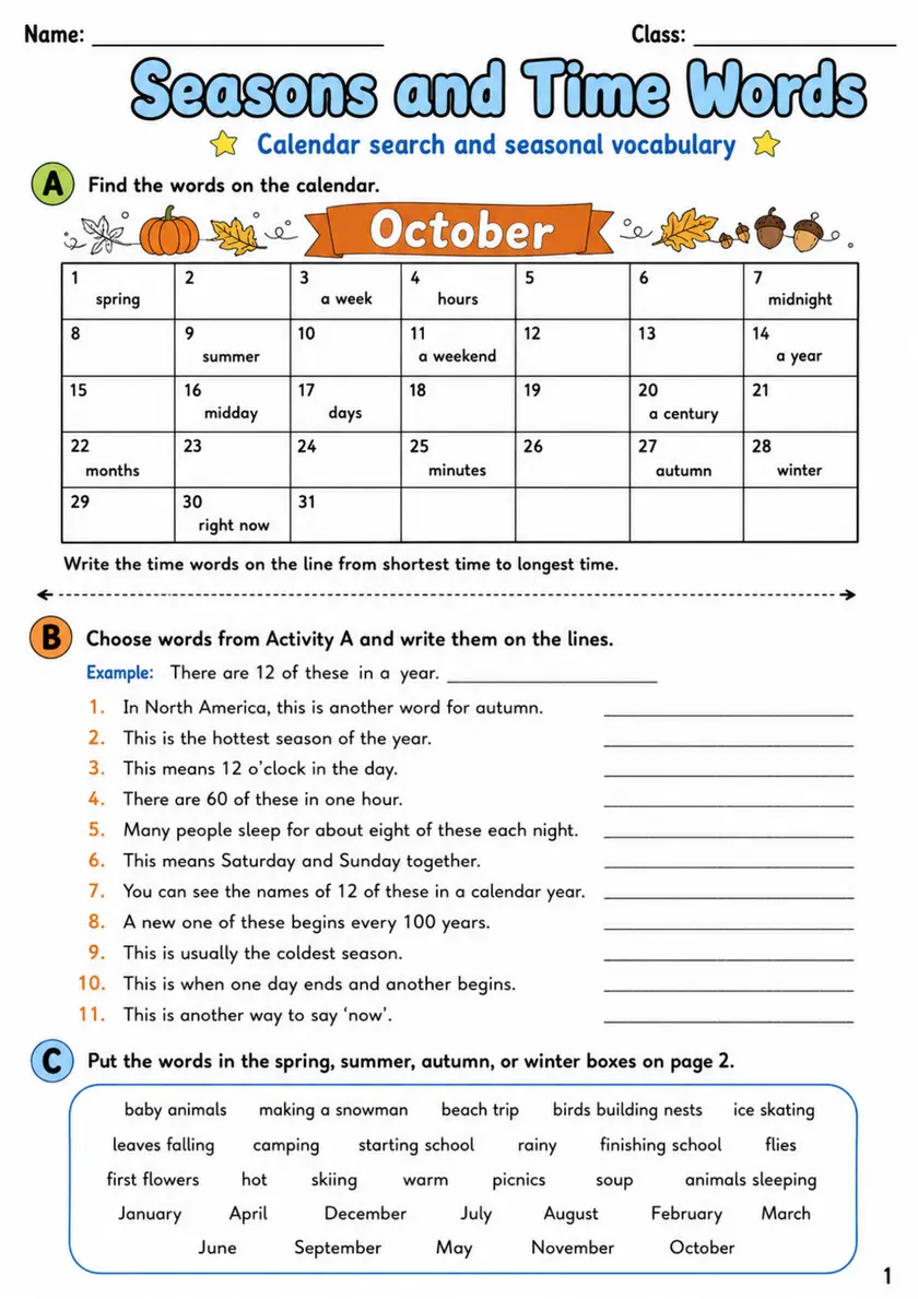 Cambridge Flyers - Seasons and Time Words | Free Worksheet primary printable PDF preview