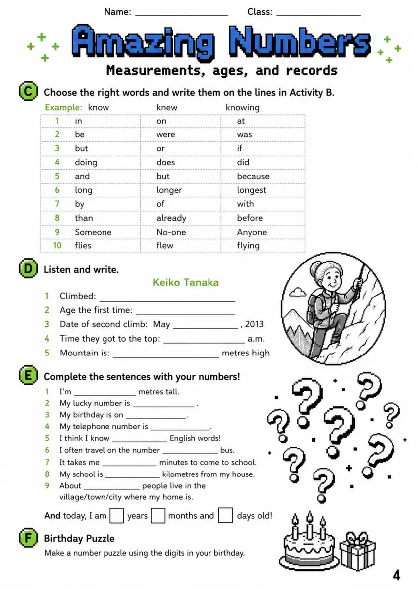 Cambridge Flyers - Amazing Numbers - Practice 2 | Free Worksheet primary printable PDF preview