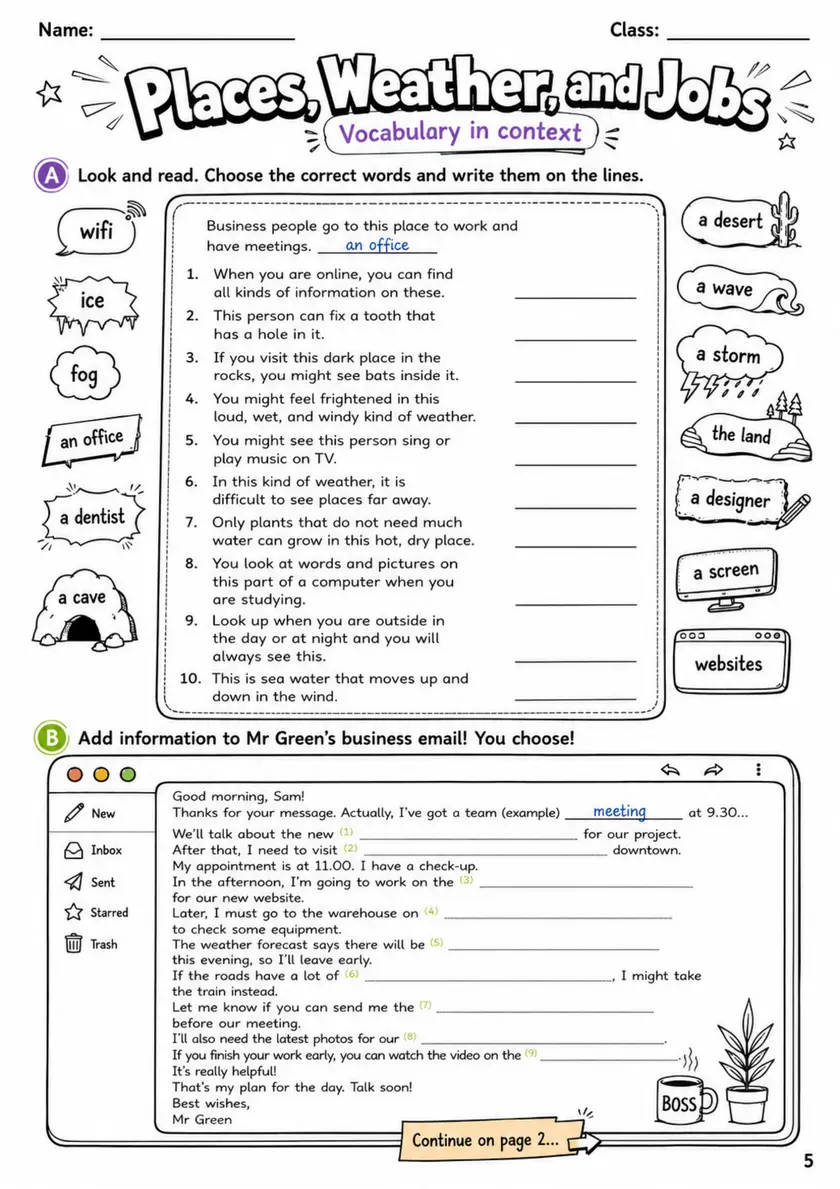Cambridge Flyers - Places, Weather, and Jobs | Free Worksheet primary printable PDF preview