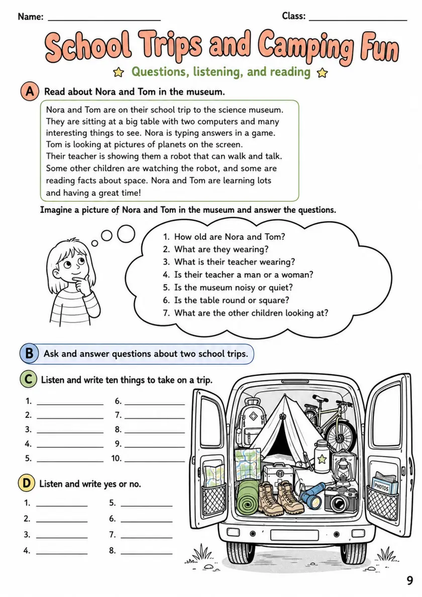 Cambridge Flyers - School Trips and Camping Fun | Free Worksheet primary printable PDF preview