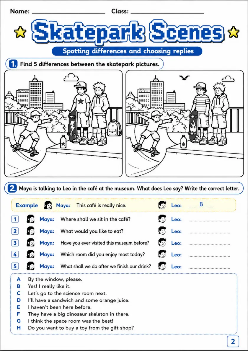 Cambridge Flyers - Skatepark Scenes | Free Worksheet primary printable PDF preview