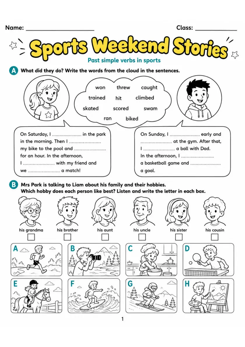 Cambridge MOVERS - Sports Weekend Stories | Free Worksheet primary printable PDF preview