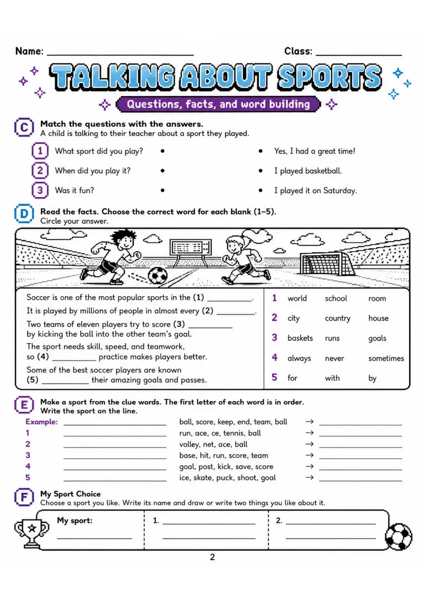 Cambridge MOVERS - TALKING ABOUT SPORTS | Free Worksheet primary printable PDF preview
