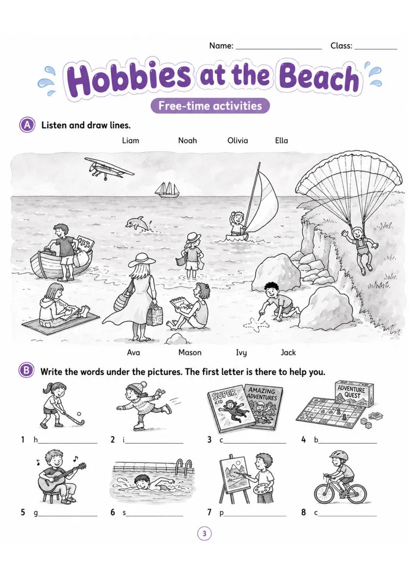 Cambridge MOVERS - Hobbies at the Beach | Free Worksheet primary printable PDF preview