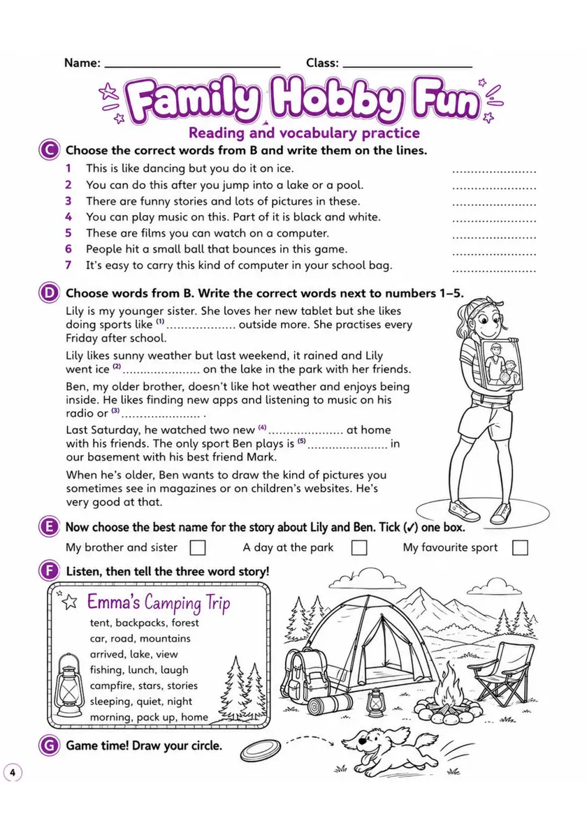 Cambridge MOVERS - Family Hobby Fun | Free Worksheet primary printable PDF preview