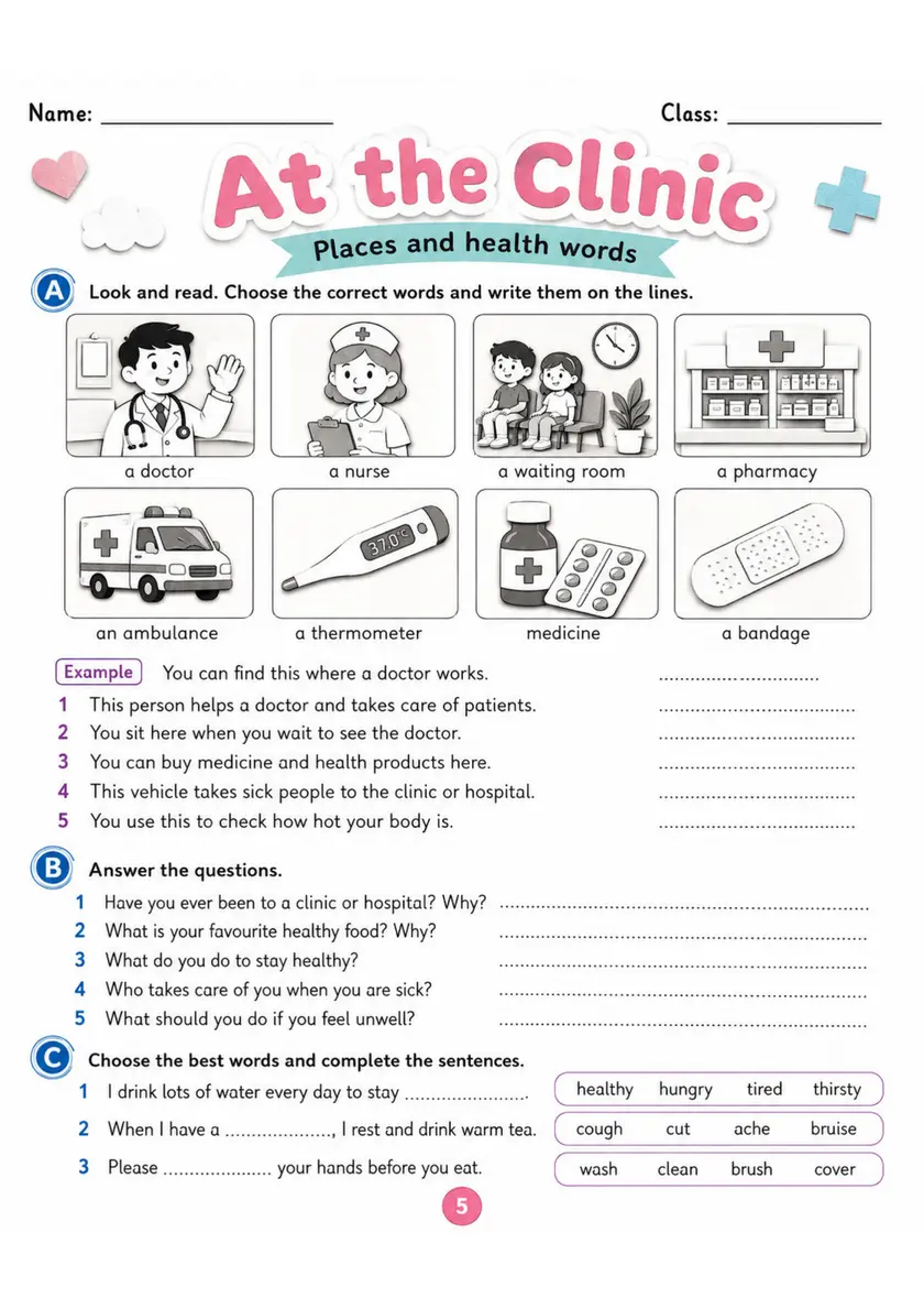 Cambridge MOVERS - At the Clinic | Free Worksheet primary printable PDF preview