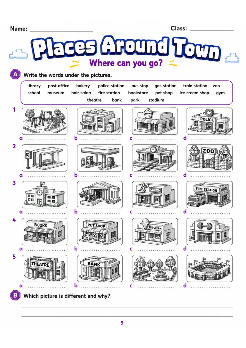 Cambridge MOVERS - Places Around Town | Free Worksheet primary printable PDF preview