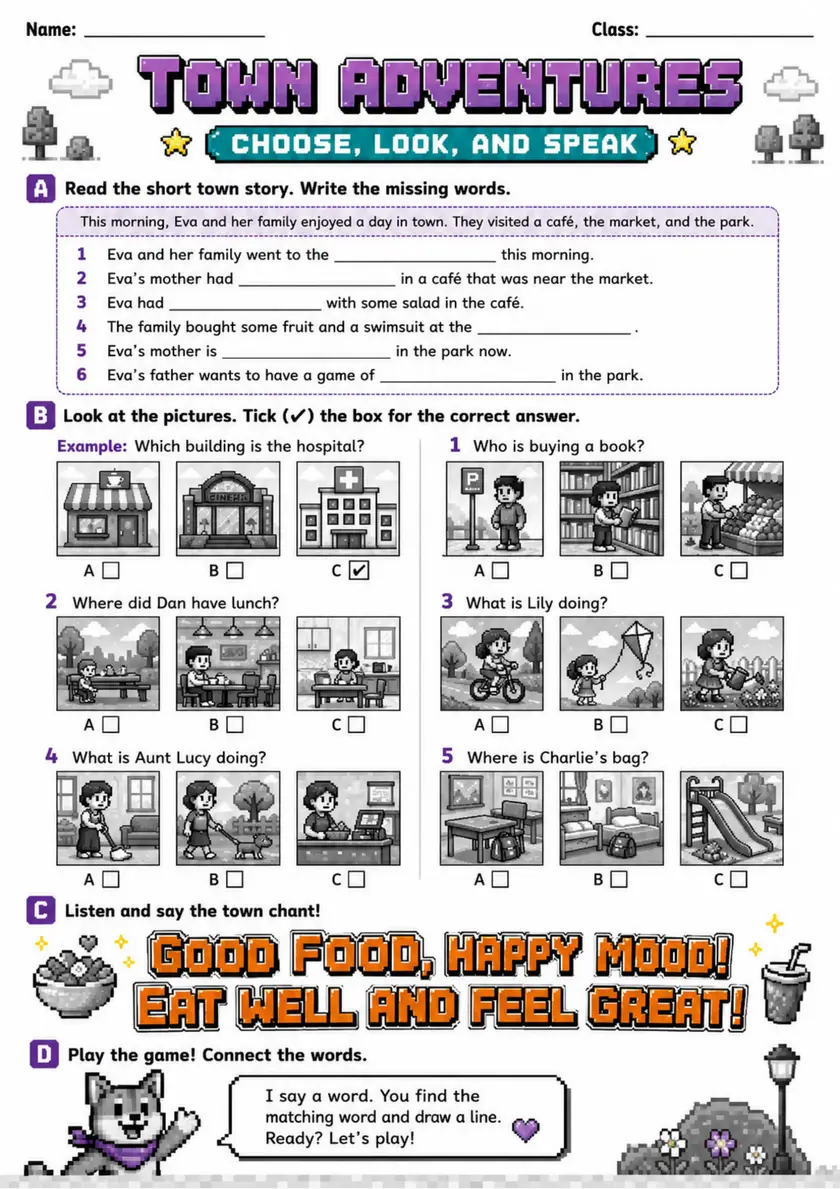 Cambridge MOVERS - TOWN ADVENTURES | Free Worksheet primary printable PDF preview