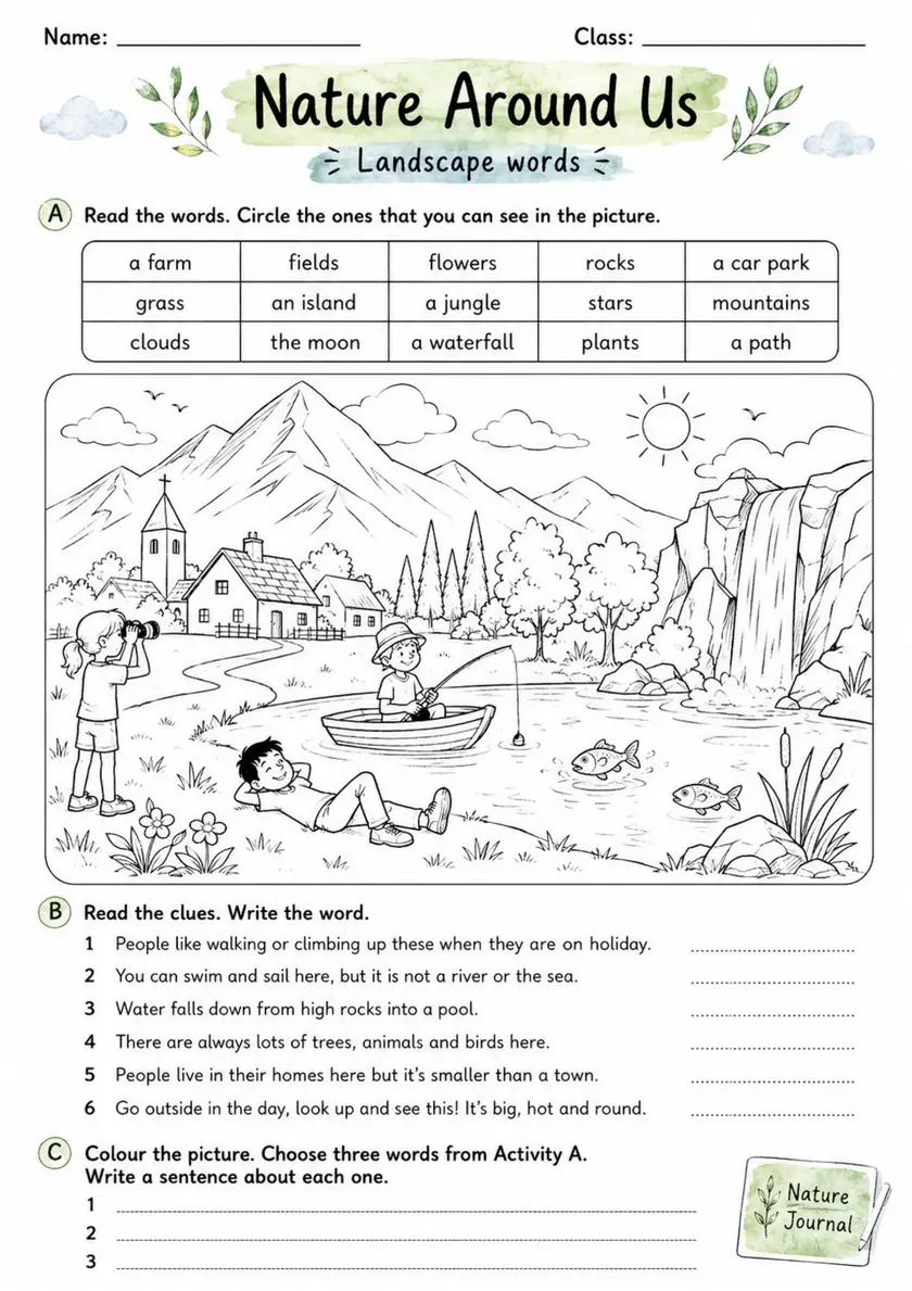 Cambridge MOVERS - Nature Around Us | Free Worksheet primary printable PDF preview