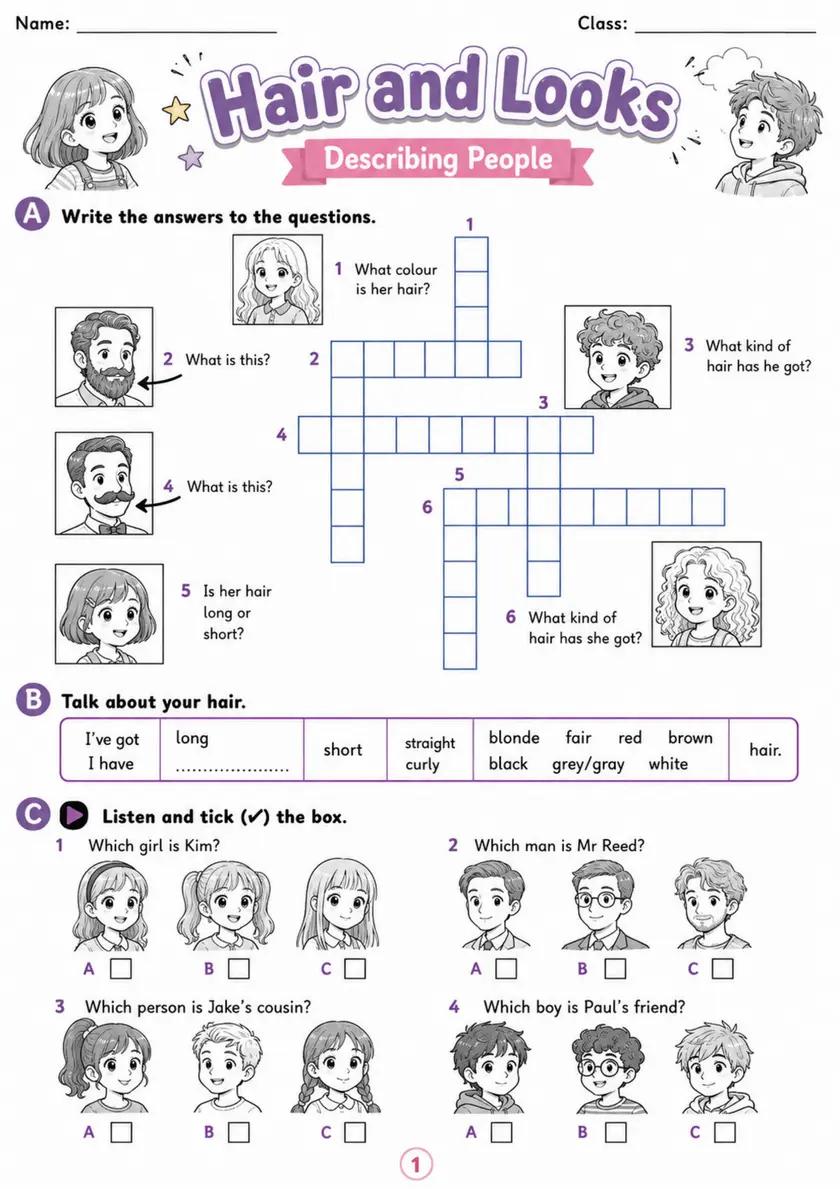 Cambridge MOVERS - Hair and Looks | Free Worksheet primary printable PDF preview