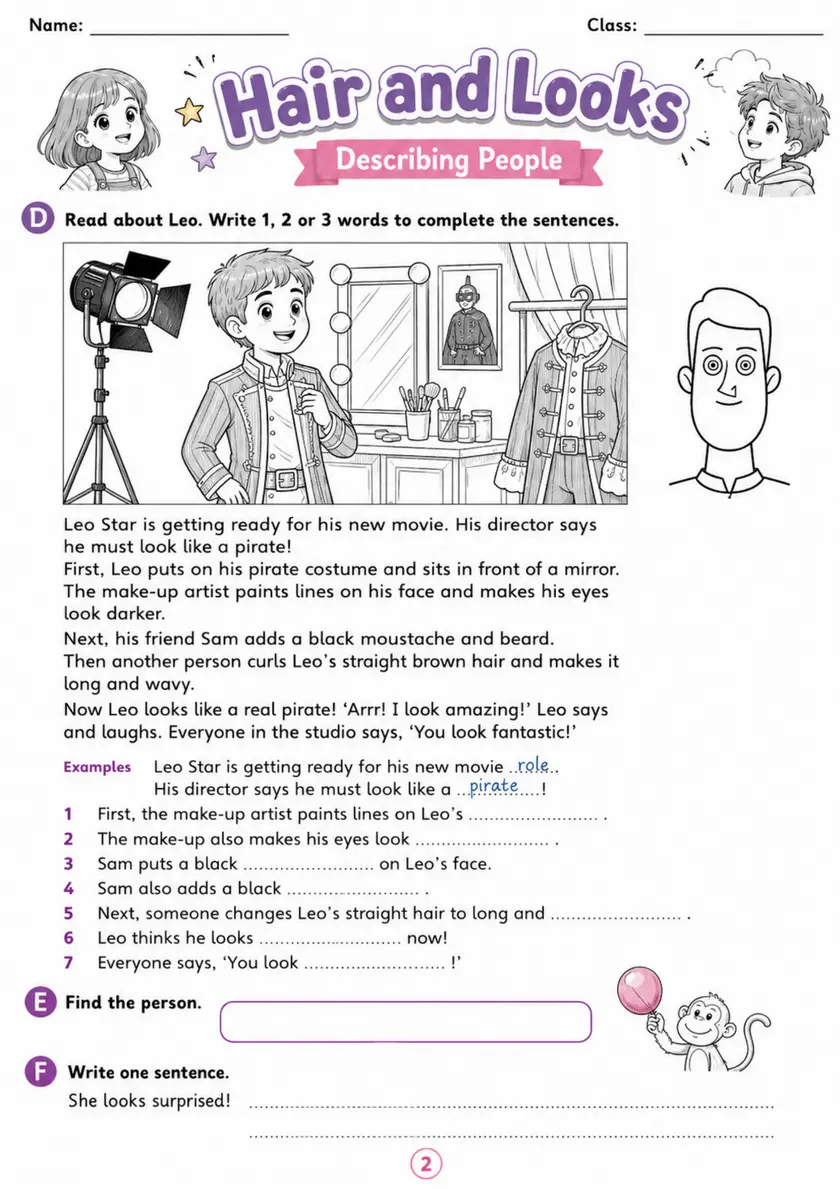 Cambridge MOVERS - Hair and Looks - Practice 2 | Free Worksheet primary printable PDF preview