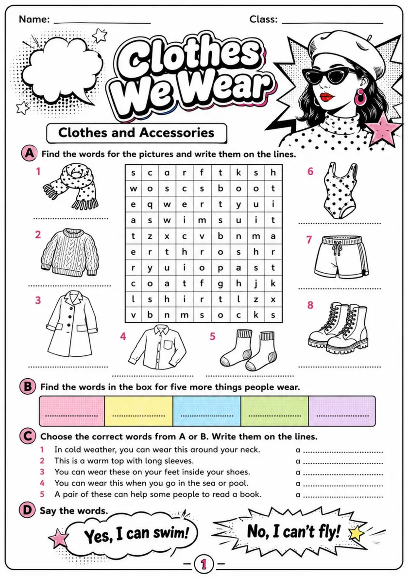 Cambridge MOVERS - Clothes We Wear | Free Worksheet primary printable PDF preview