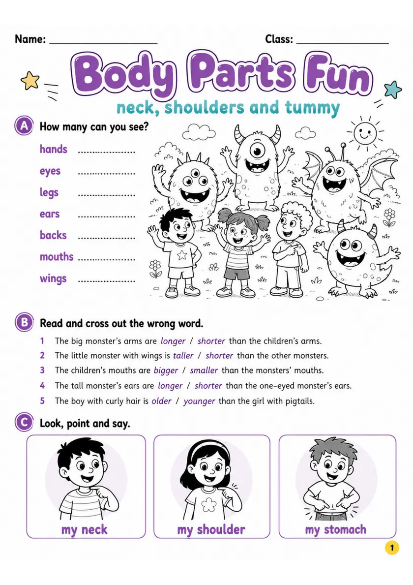 Cambridge MOVERS - Body Parts Fun | Free Worksheet primary printable PDF preview
