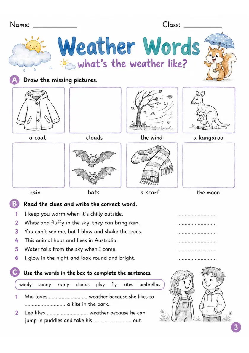 Cambridge MOVERS - Weather Words | Free Worksheet primary printable PDF preview