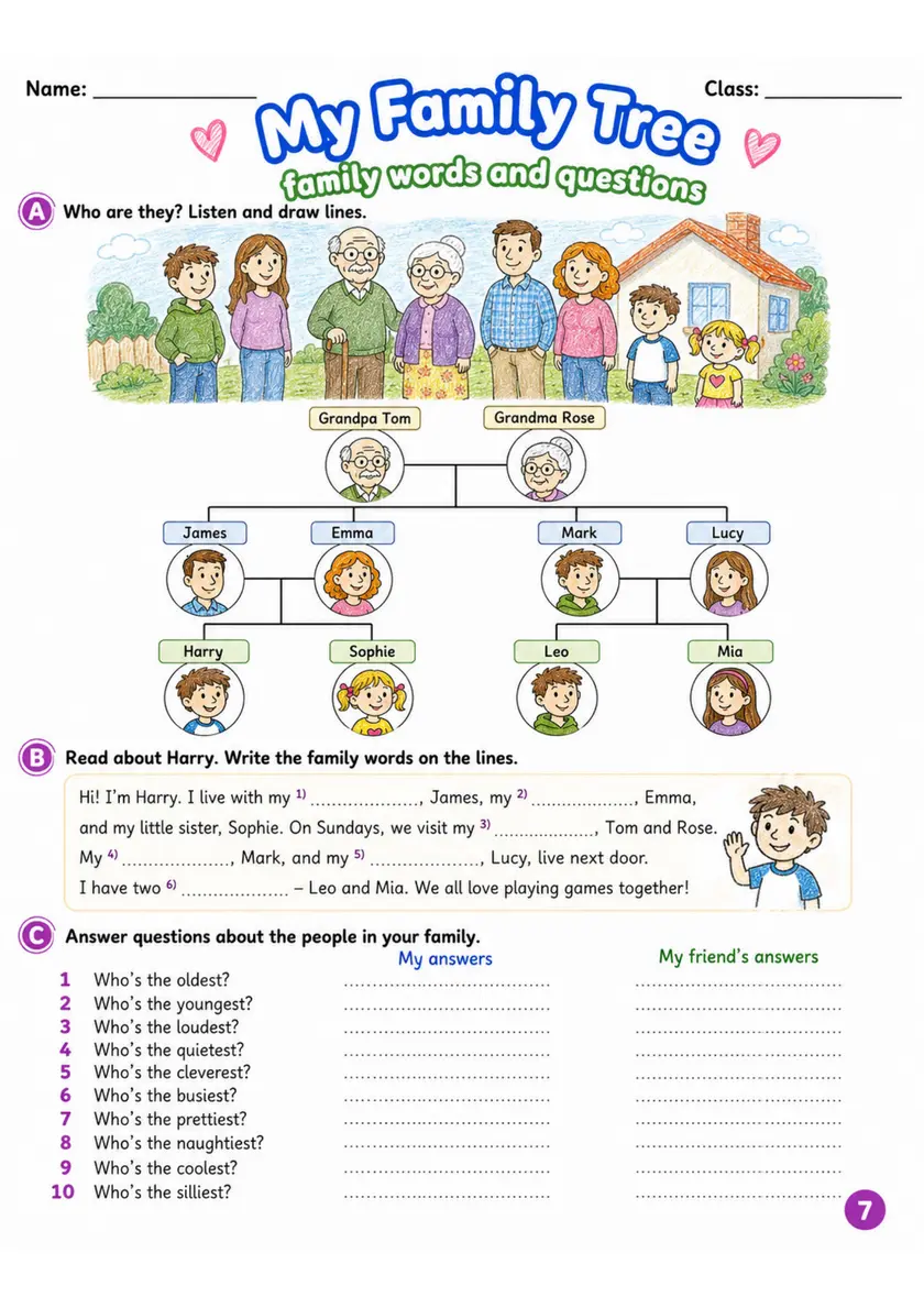 Cambridge MOVERS - My Family Tree | Free Worksheet primary printable PDF preview