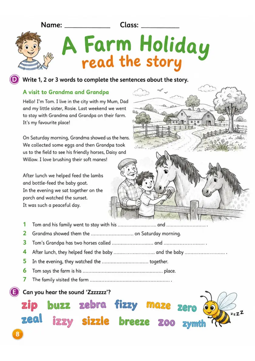 Cambridge MOVERS - A Farm Holiday read the story | Free Worksheet primary printable PDF preview