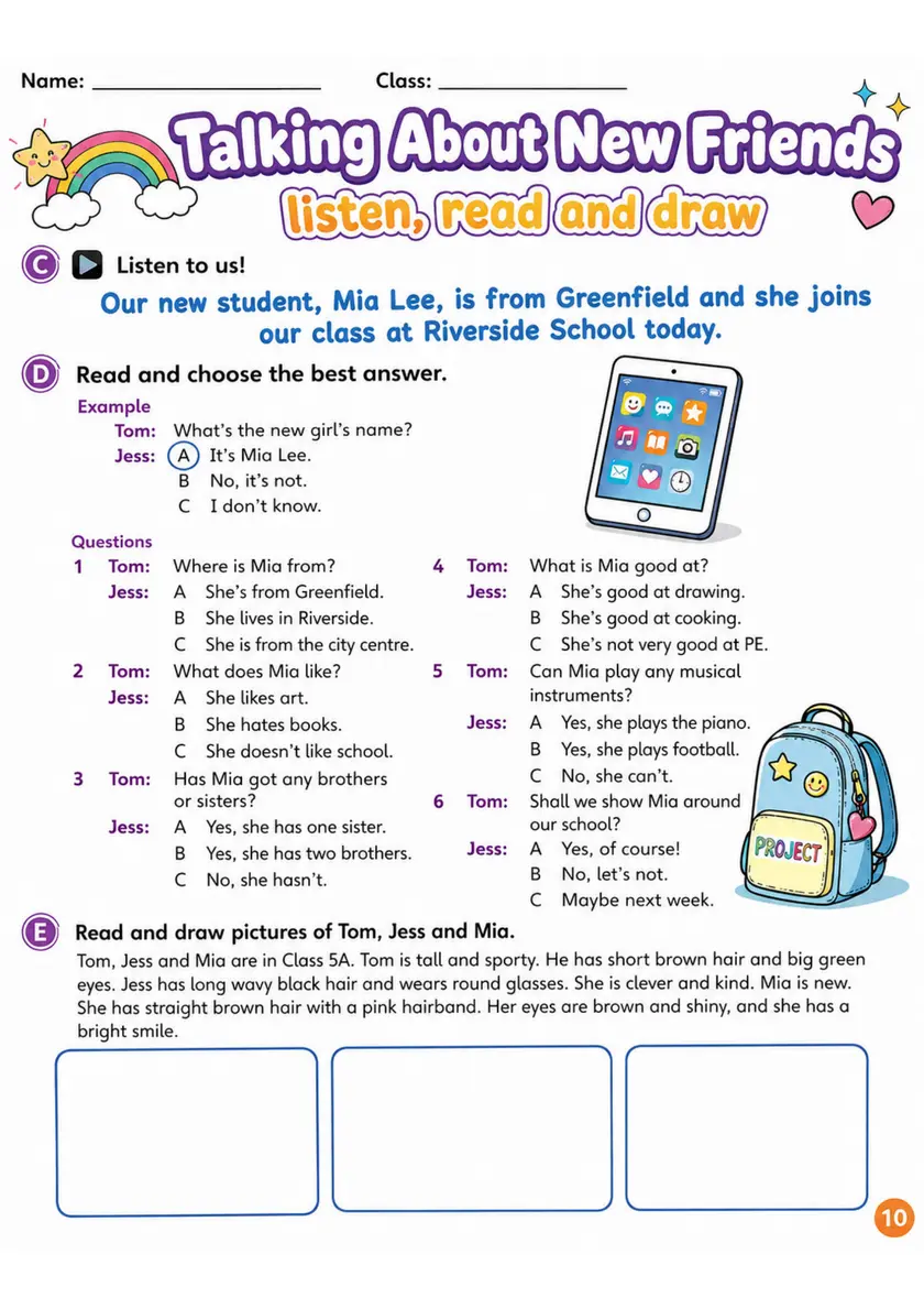 Cambridge MOVERS - Talking About New Friends | Free Worksheet primary printable PDF preview