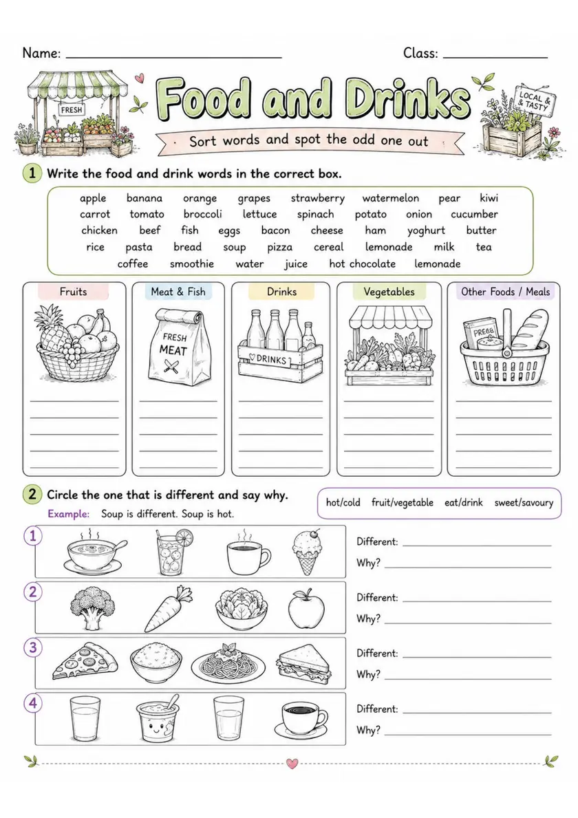Cambridge MOVERS - Food and Drinks | Free Worksheet primary printable PDF preview