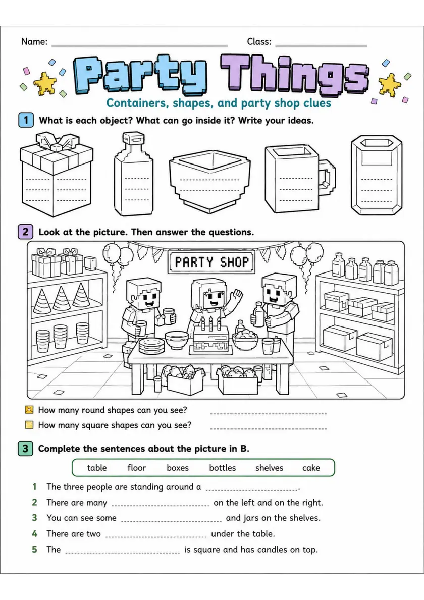 Cambridge MOVERS - Party Things | Free Worksheet primary printable PDF preview