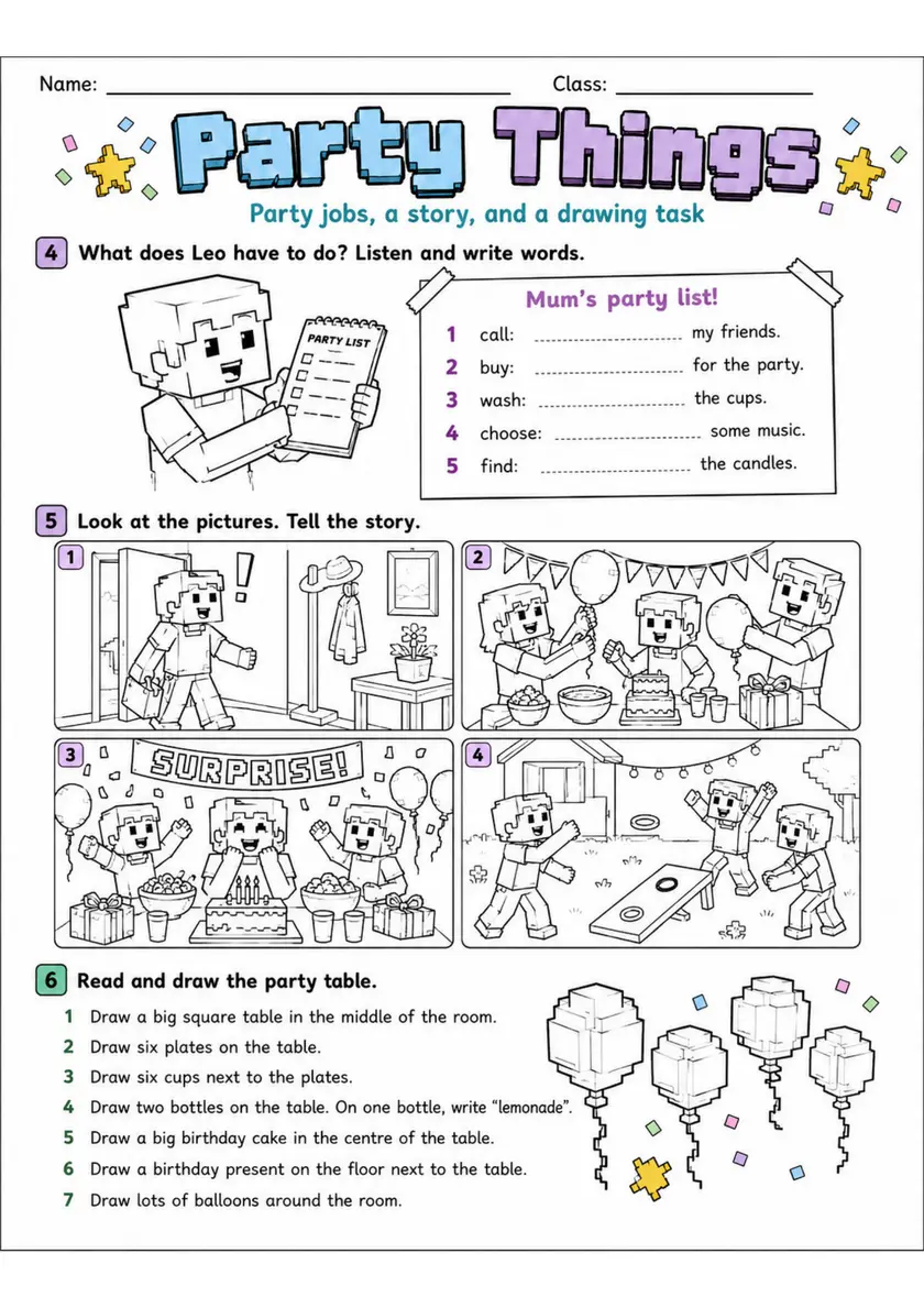 Cambridge MOVERS - Party Things - Practice 2 | Free Worksheet primary printable PDF preview