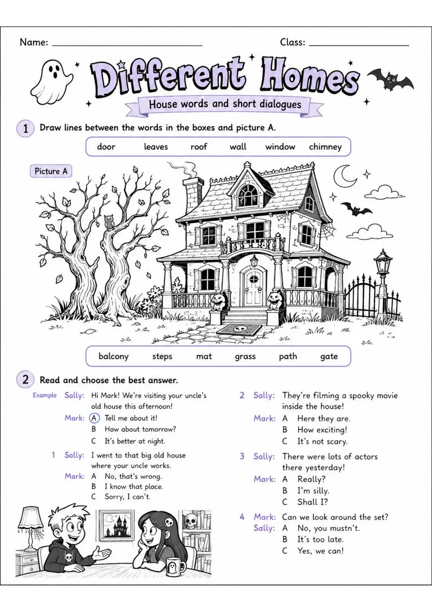 Cambridge MOVERS - Different Homes | Free Worksheet primary printable PDF preview