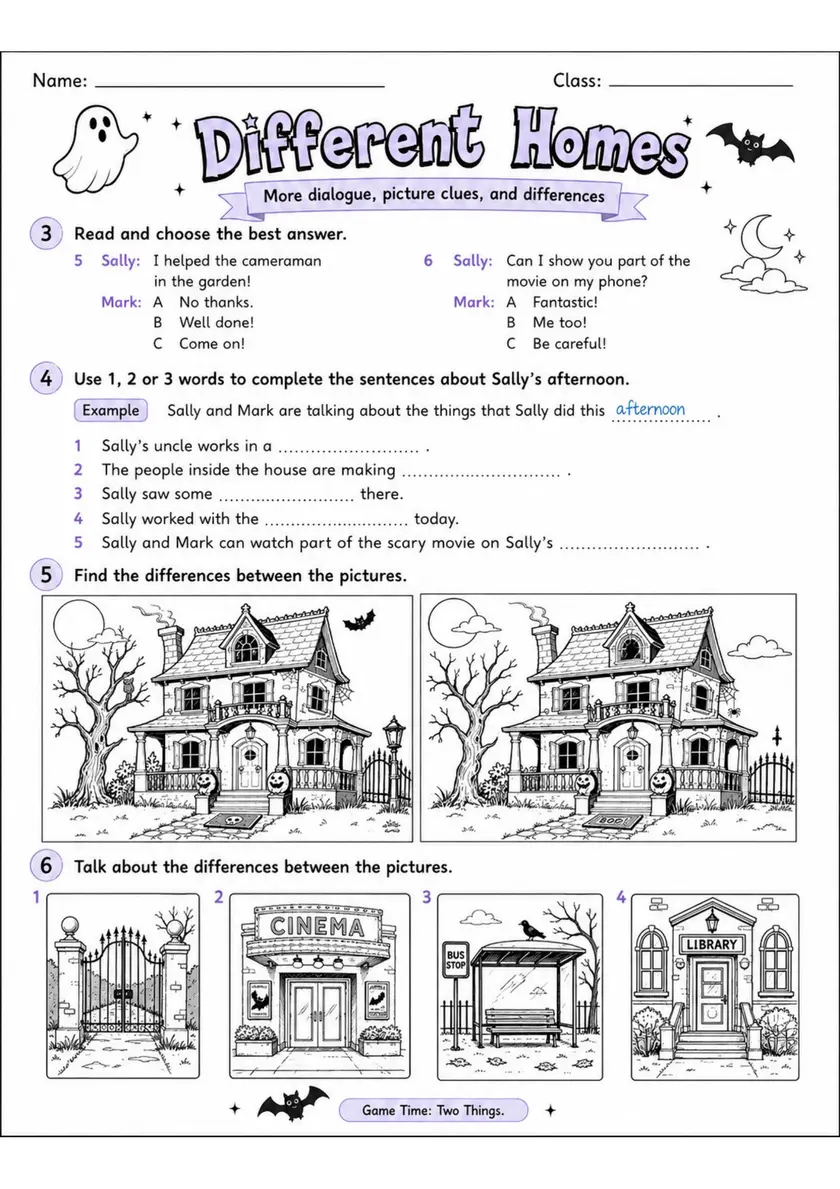 Cambridge MOVERS - Different Homes - Practice 2 | Free Worksheet primary printable PDF preview