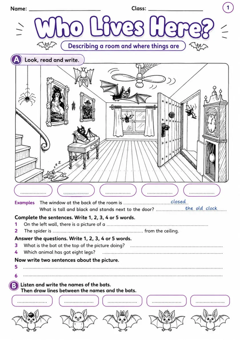 Cambridge MOVERS - Who Lives Here? | Free Worksheet primary printable PDF preview