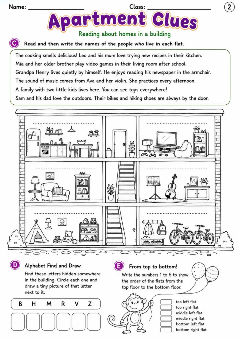 Cambridge MOVERS - Apartment Clues | Free Worksheet primary printable PDF preview