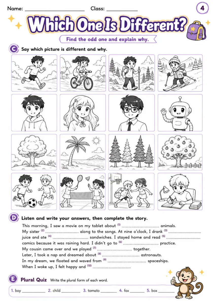 Cambridge MOVERS - Which One Is Different? | Free Worksheet primary printable PDF preview