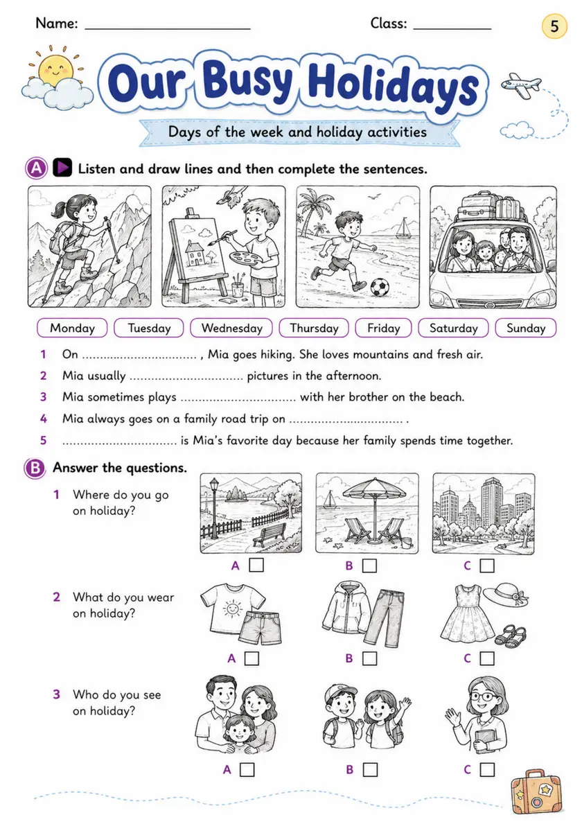 Cambridge MOVERS - Our Busy Holidays | Free Worksheet primary printable PDF preview