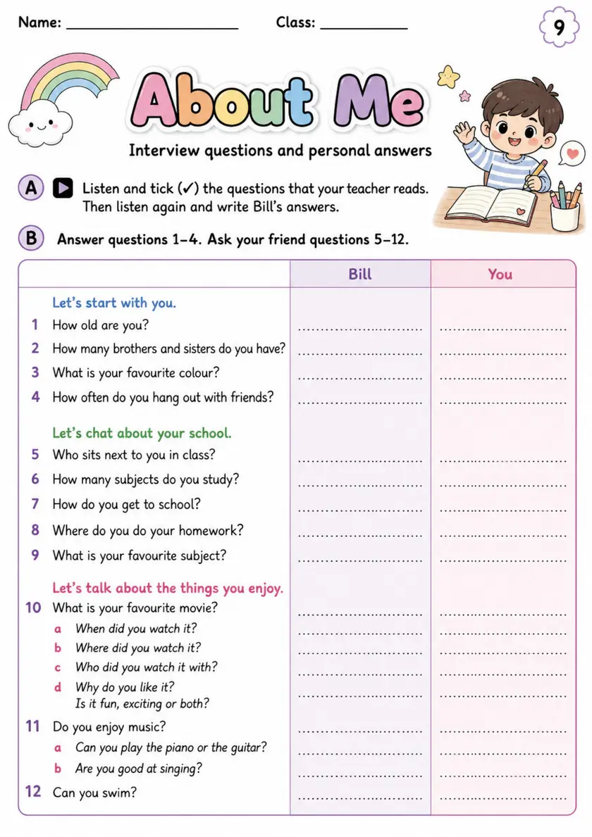 Cambridge MOVERS - About Me | Free Worksheet primary printable PDF preview