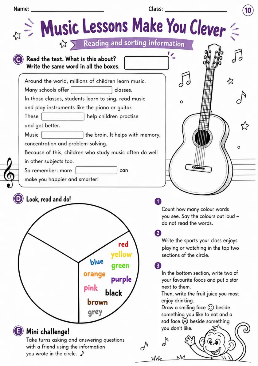 Cambridge MOVERS - Music Lessons Make You Clever | Free Worksheet primary printable PDF preview
