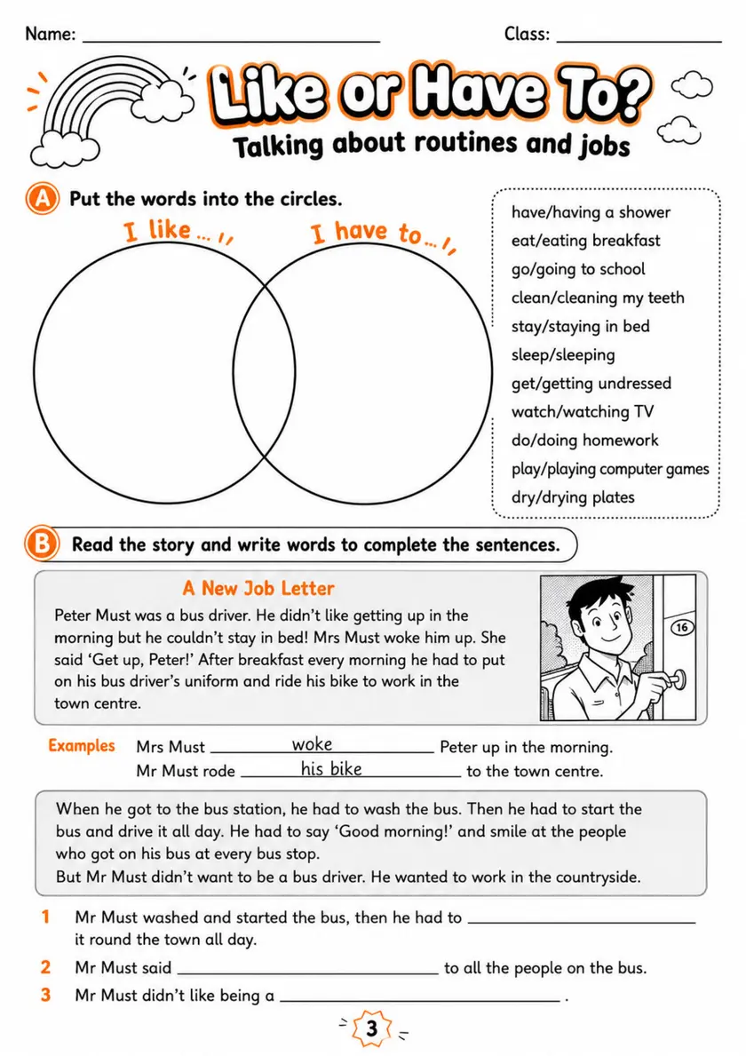 Cambridge MOVERS - Like or Have To? | Free Worksheet primary printable PDF preview