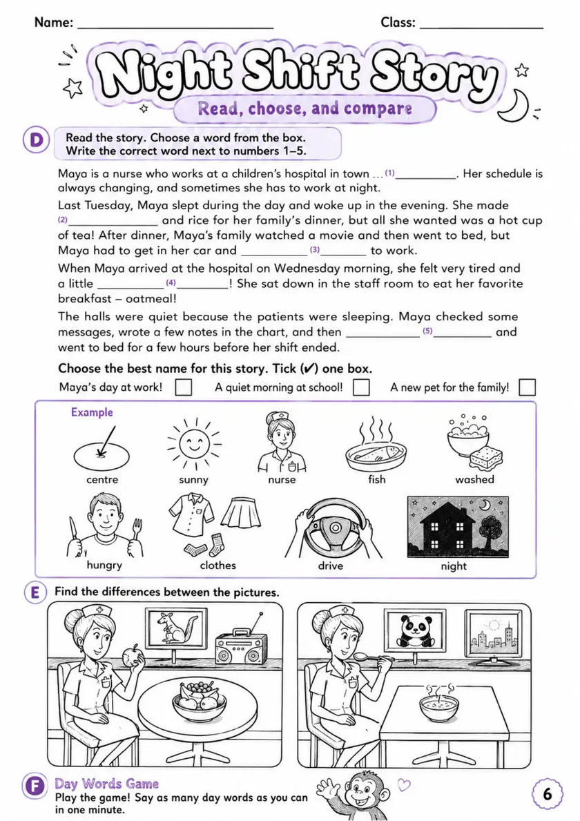 Cambridge MOVERS - Night Shift Story | Free Worksheet primary printable PDF preview
