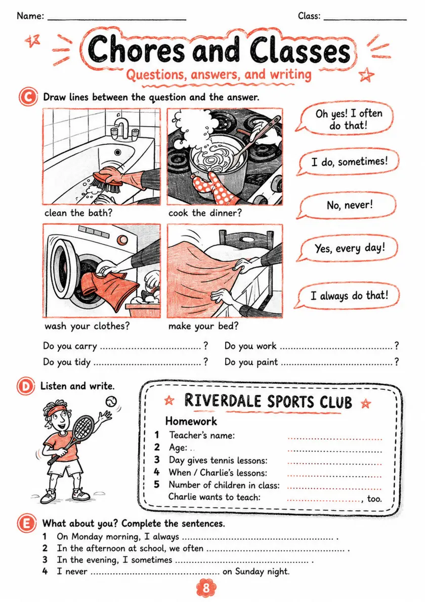 Cambridge MOVERS - Chores and Classes | Free Worksheet primary printable PDF preview