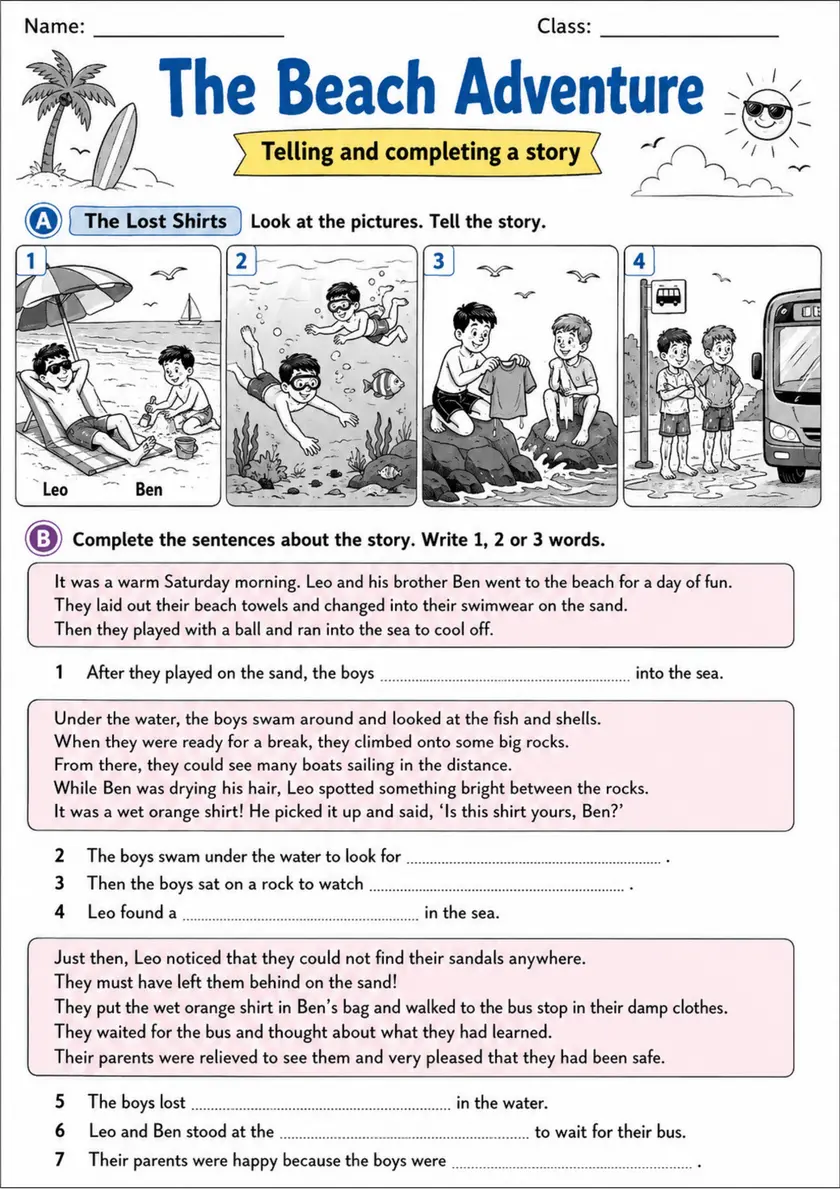 Cambridge MOVERS - The Beach Adventure | Free Worksheet primary printable PDF preview